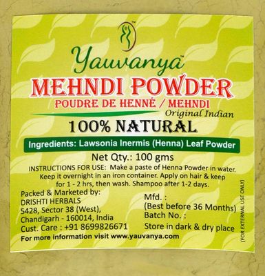 Yauvanya Original Indian Pure and Natural Henna (Mehndi) for Hair - 100 gms Rajasthani Henna Natural Hair Color Vegan PPD Free Ammonia Free