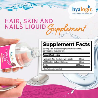 Hyalogic Liquid Hyaluronic Acid Supplement - Support for Healthy Hair, Skin and Nails with 5,000 mcg Biotin and 50mg MSM - Natural Hydration for the Whole Body - High Molecular Weight Formula - 12 oz