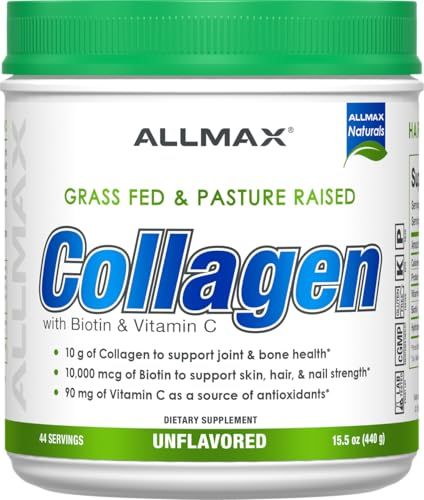 ALLMAX Nutrition Grass Fed Pasture Raised Collagen with 10,000 mcg Biotin 90 mg Vitamin C, Unflavored, 15.5 oz (440 g)