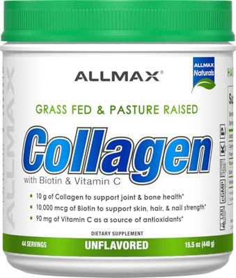 ALLMAX Nutrition Grass Fed Pasture Raised Collagen with 10,000 mcg Biotin 90 mg Vitamin C, Unflavored, 15.5 oz (440 g)