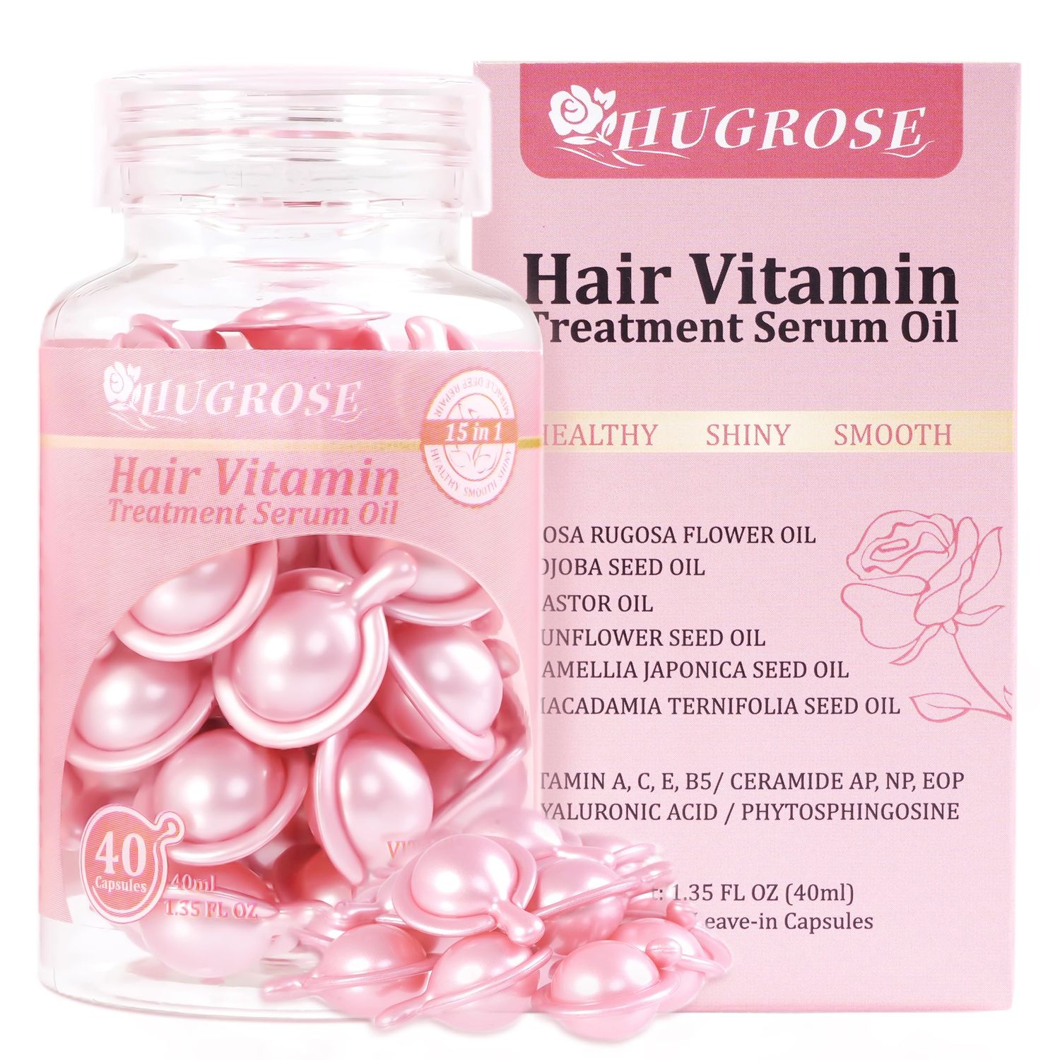 Hair Treatment Serum 40 Capsules, Hair Vitamins A C E Pro B5 - Hair Serum for Frizzy and Damaged Hair, Hair Oil with Rosa Rugosa Flower, Jojoba Macadamia Seed - Leave in Conditioner for Women Men
