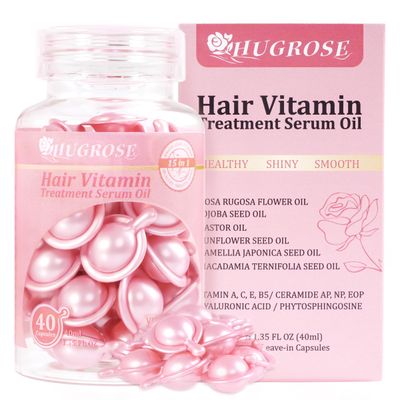 Hair Treatment Serum 40 Capsules, Hair Vitamins A C E Pro B5 - Hair Serum for Frizzy and Damaged Hair, Hair Oil with Rosa Rugosa Flower, Jojoba Macadamia Seed - Leave in Conditioner for Women Men