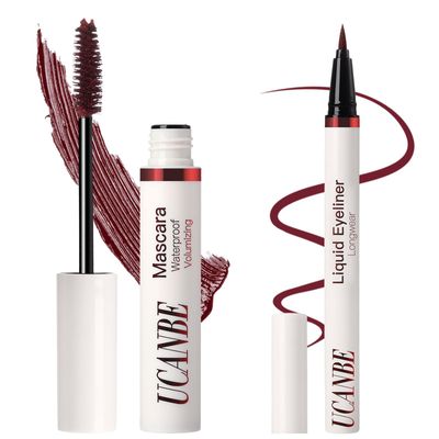 UCANBE Burgundy Mascara and Liquid Eyeliner Set, Waterproof Berry Red Colored Eye Makeup Duo - Enhance Your Gaze with Natural Lasting Lift Curl for Lashes and Pigmented Smudge-Proof Eye Liner