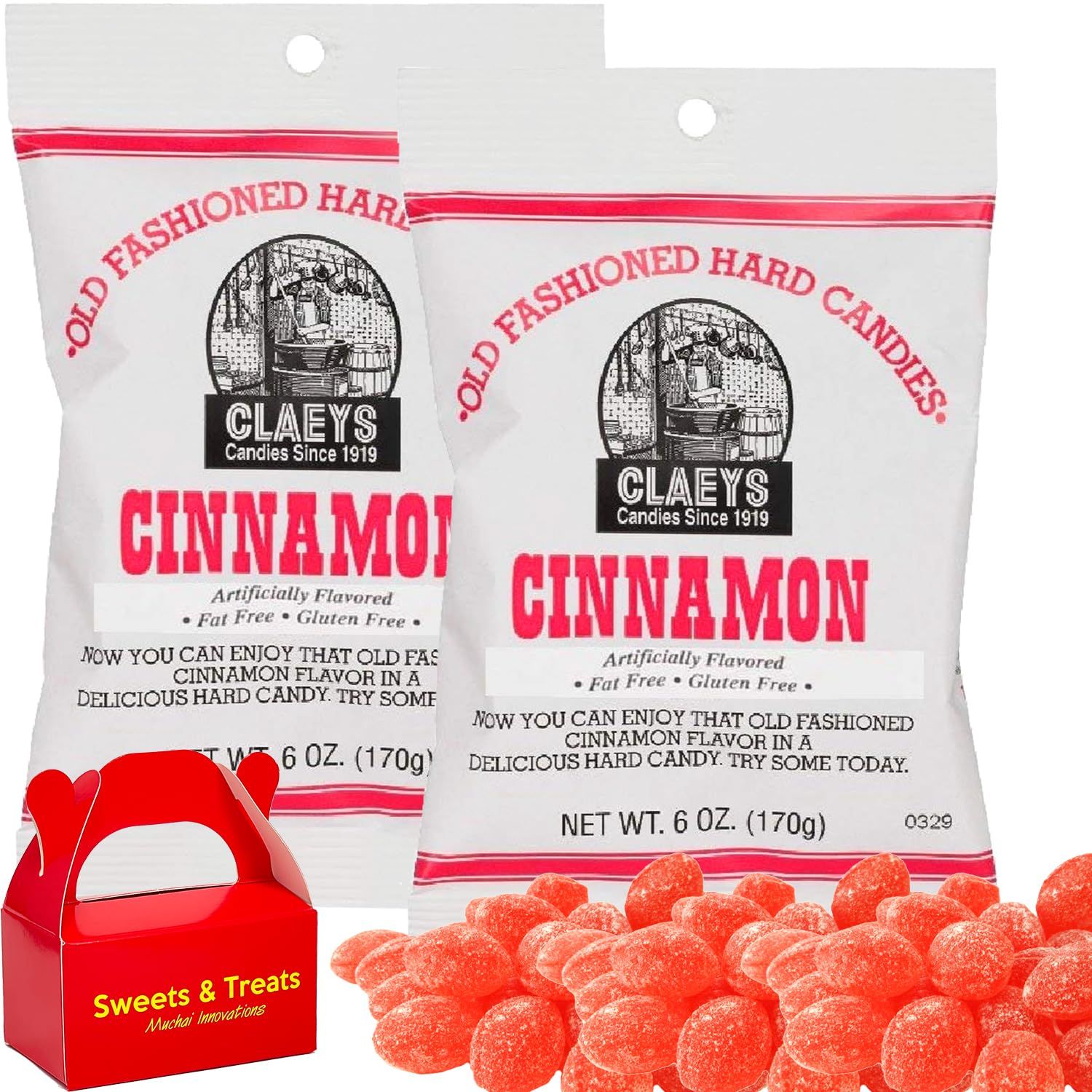 Old Fashioned Hard Candy Flavored Candies - Fat Free Gluten Free Smooth Textured Quality Freshness Plus MUCHAI Card Box (2 Pack Bags, Cinnamon (Sweet Woody Slightly Spicy Flavor))