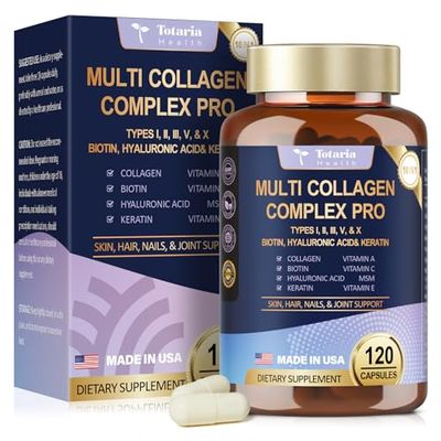 18-in-1 Collagen Pro with Hyaluronic Aicd, Keratin, Biotin, VIT A C E for Skin, Hair, Nails, Joint Beauty - Multi Collagen Peptides Capsules with Type I II III V X for Women Men - 120 Caps