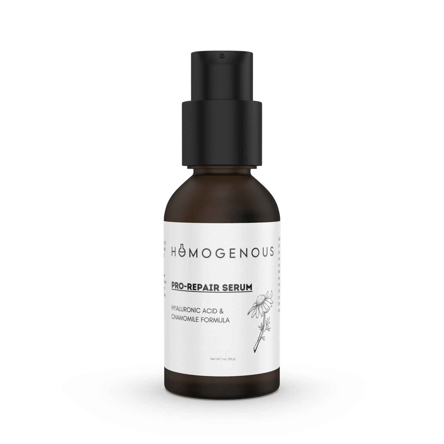 HOMOGENOUS Pro-Repair Serum, Hyaluronic Acid Chamomile Formula, 1 fl oz Amber Glass Pump Bottle