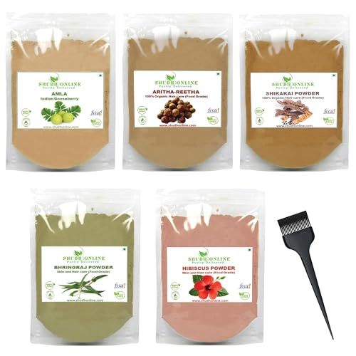 Herbal Hair Mask Powder Combo, Indian Ayurvedic Herbal Powder for Hair Growth (8.8oz, 250g), Organic Bhringraj, Hibiscus, Shikakai, Reetha, Amla Shampoo (1.76oz each)