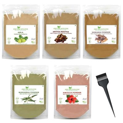 Herbal Hair Mask Powder Combo, Indian Ayurvedic Herbal Powder for Hair Growth (8.8oz, 250g), Organic Bhringraj, Hibiscus, Shikakai, Reetha, Amla Shampoo (1.76oz each)