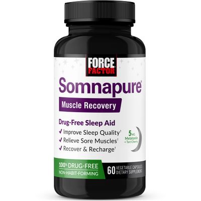 Force Factor Somnapure Muscle Recovery with Melatonin 5mg, Holy Basil, and L-Theanine, Sleep Support, Muscle Soreness Relief, Muscle Recovery, 60 Capsules
