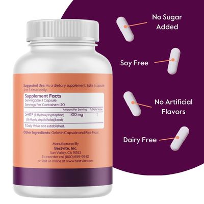 BESTVITE 5-HTP 100mg (120 Capsules) - No Stearates or Flow Agents