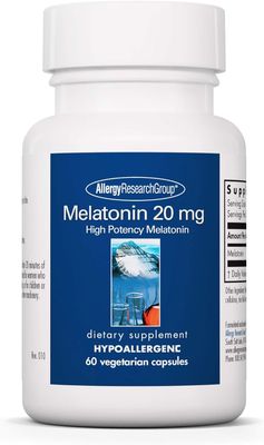 Allergy Research Group Melatonin 20mg - Pure Melatonin, Extra Strength for Adults, Sleep Aid, High Dose, Vegetarian Capsules - 60 Count