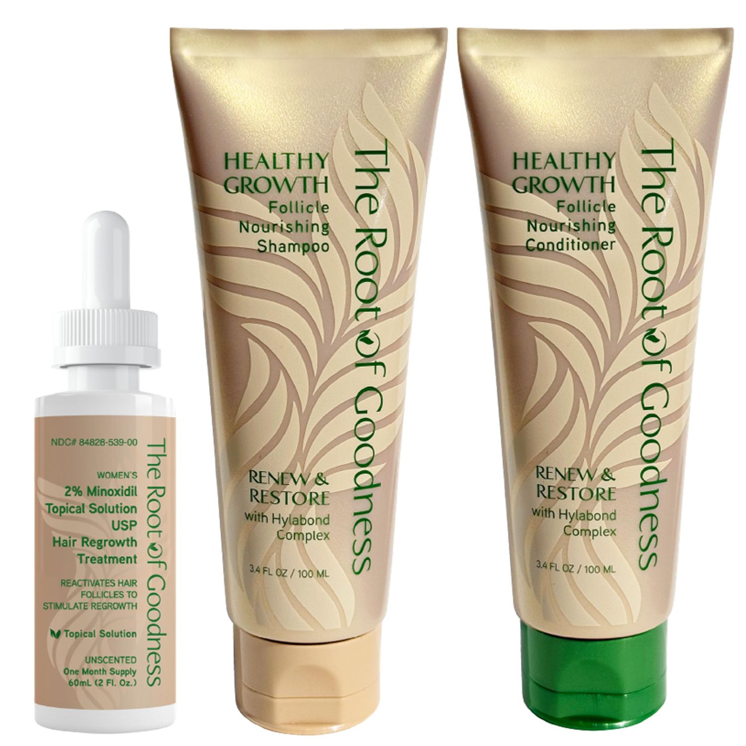 Joyce Giraud Root of Goodness 3 Step Hair Regrowth System with Shampoo, Conditioner and Minoxidil Topical Solution, Renew Restore with Hylabond Complex