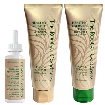 Joyce Giraud Root of Goodness 3 Step Hair Regrowth System with Shampoo, Conditioner and Minoxidil Topical Solution, Renew Restore with Hylabond Complex