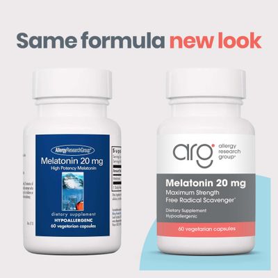 Allergy Research Group Melatonin 20mg - Pure Melatonin, Extra Strength for Adults, Sleep Aid, High Dose, Vegetarian Capsules - 60 Count