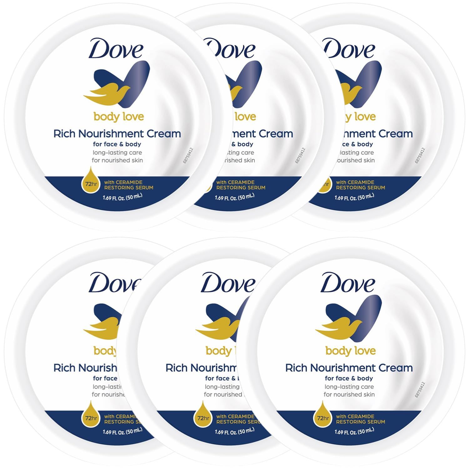 Dove Rich Nourishment Body Cream 6-Pack - 48H Moisturizing Cream for Extremely Dry Skin, Travel-Size, 1.69 Fl Oz Ea