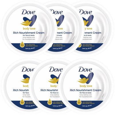 Dove Rich Nourishment Body Cream 6-Pack - 48H Moisturizing Cream for Extremely Dry Skin, Travel-Size, 1.69 Fl Oz Ea