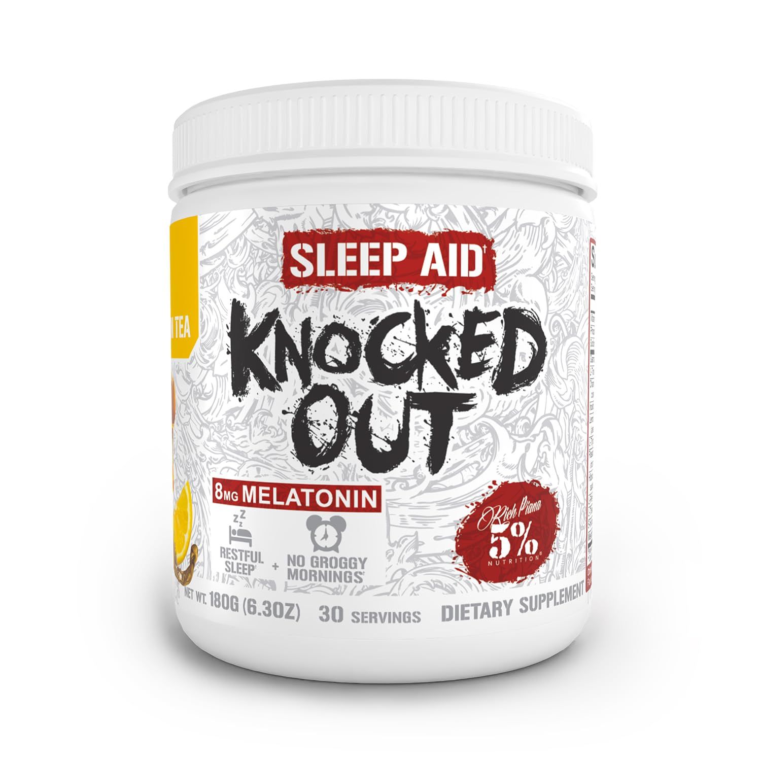 5 Nutrition Rich Piana Knocked Out Natural Sleep Aid Powder Post-Workout Recovery Deep Sleep Supplement GABA, Melatonin, Chamomile, Tyrosine, 5-HTP, More 30 Servings (Honey Lemon Tea)
