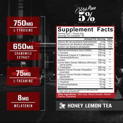 5 Nutrition Rich Piana Knocked Out Natural Sleep Aid Powder Post-Workout Recovery Deep Sleep Supplement GABA, Melatonin, Chamomile, Tyrosine, 5-HTP, More 30 Servings (Honey Lemon Tea)