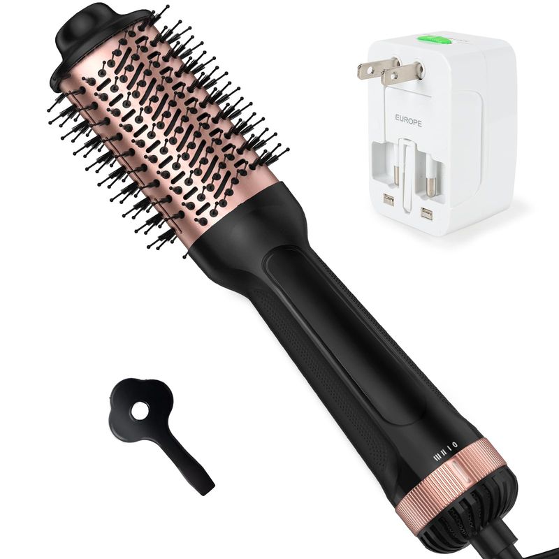 Dual Voltage Hair Dryer Brush,Travel Blow Dryer Brush for Blowout Look with Universal Power Adapter, One-Step Hot Air Brush Volumizer,Smoothing,Dryer,125V220V