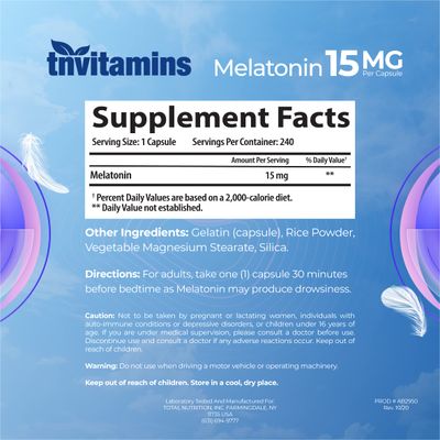 tnvitamins Melatonin 15 MG Per Capsule (240 Capsules) All-Natural Sleeping Pills for Adults Extra Strength Melatonin Nighttime Sleep Aid Natural Sleep Support Supplement