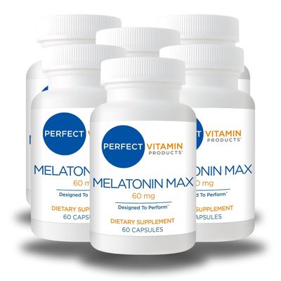 Perfect Vitamin Products 60mg Extra Strength Melatonin MAX - High Dosage Melatonin Ensures Amply Supply of This Important Hormone - 100 Drug-Free, Vegan, Non-GMO, Gluten-Free (6-Pack)