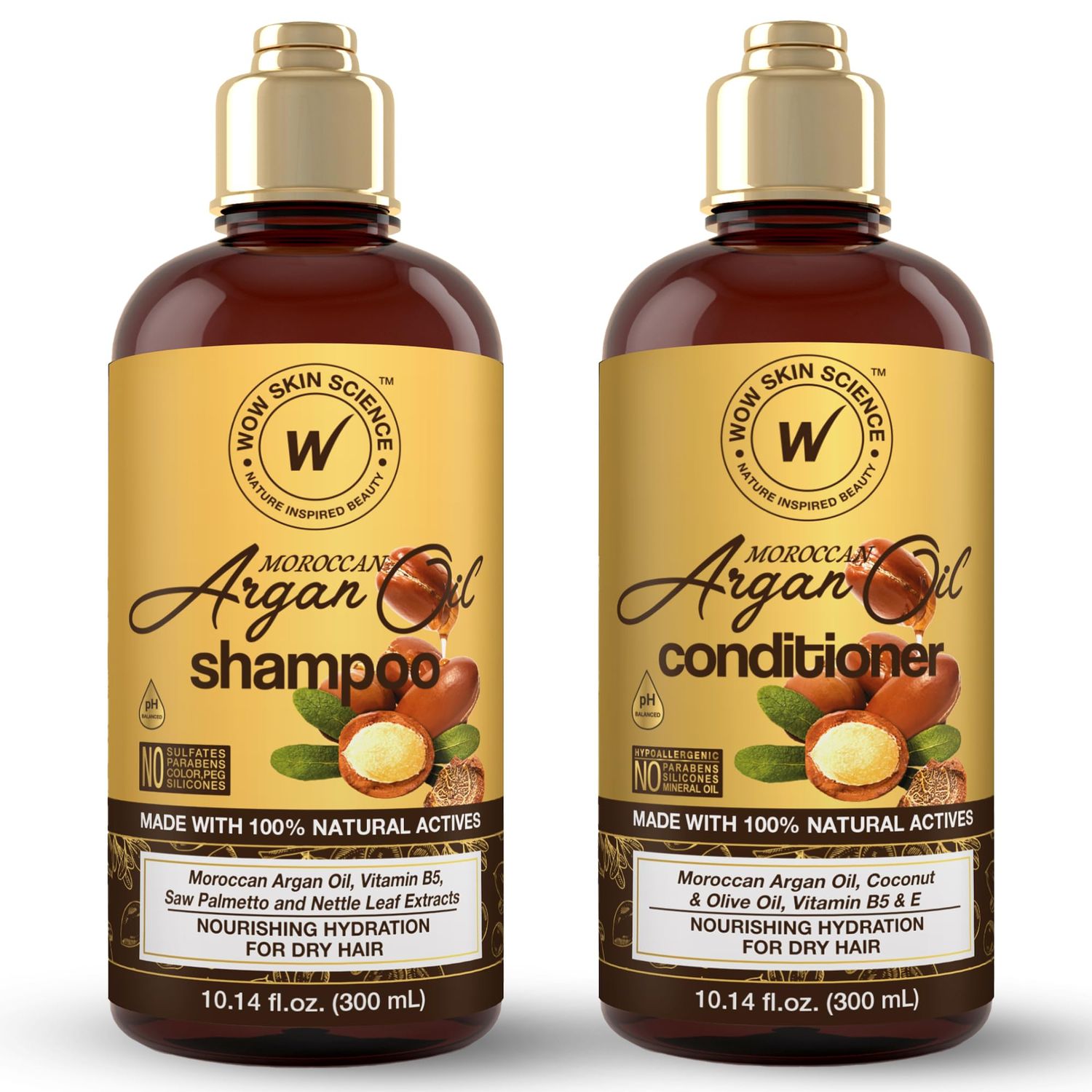 WOW Skin Science Moroccan Argan Oil Shampoo and Conditioner Set - Moroccan Oil Shampoo Conditioner Set Sulfate Paraben Free - Shampoo Conditioner Set for All Hair Types
