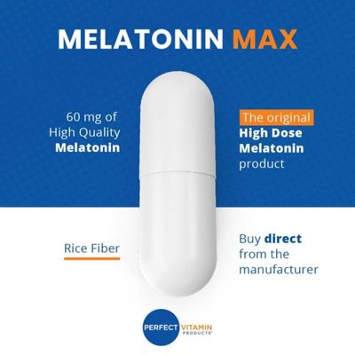Perfect Vitamin Products 60mg Extra Strength Melatonin MAX - High Dosage Melatonin Ensures Amply Supply of This Important Hormone - 100 Drug-Free, Vegan, Non-GMO, Gluten-Free (6-Pack)