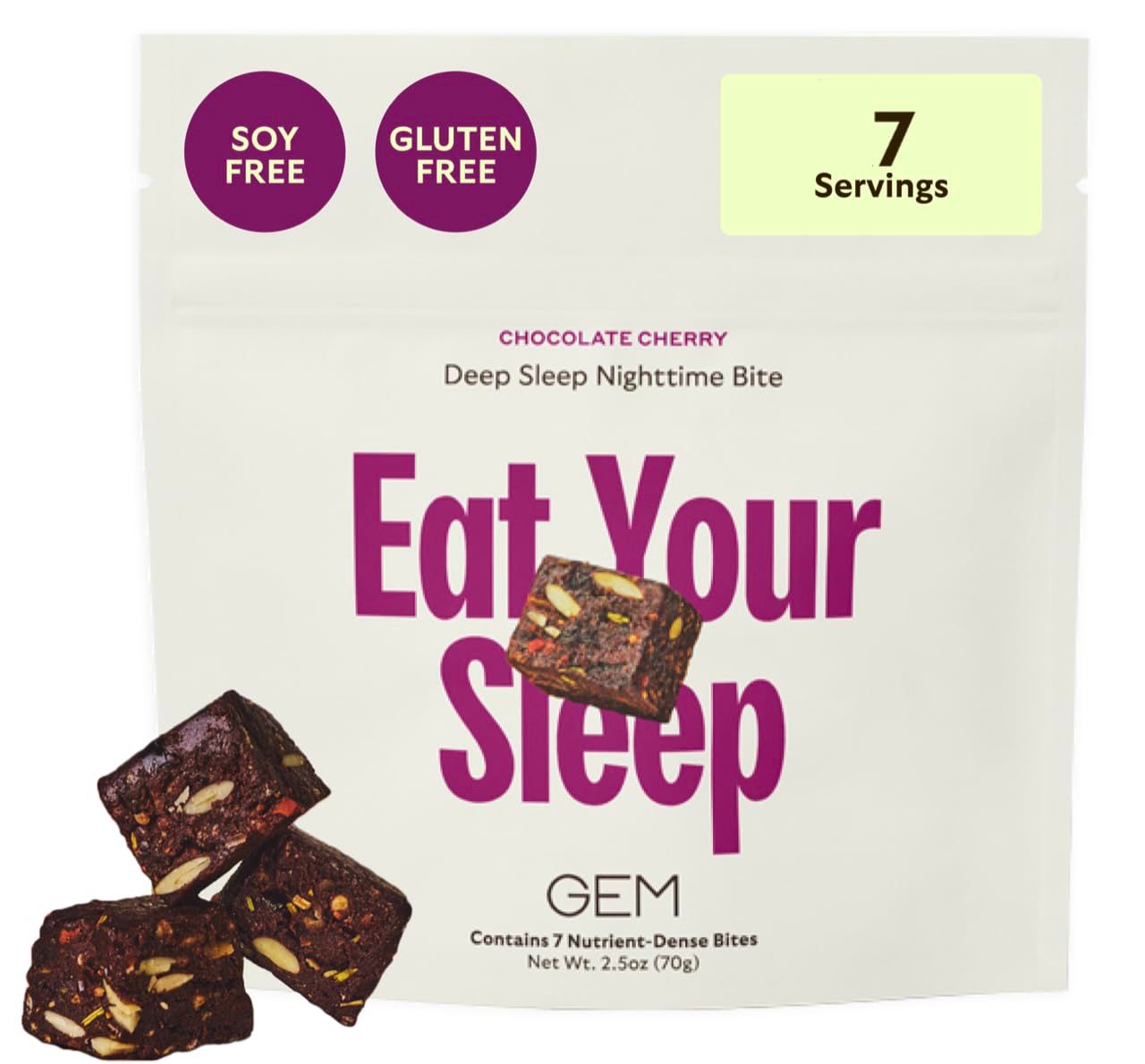 GEM Sleep Aid, Nighttime Bite, 7 Pack, Melatonin Free, L-Theanine, Magnesium, Valerian Root Extract Vegan and Gluten Free Earthy Chocolate Cherry, Trial size