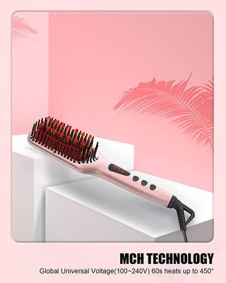 Updated 2025 MEGAWISE Hair Straightener Ceramic Brush ; Anti-Scald Dual Voltage Flat Iron Hot Brush Rotatable Cord Auto Shutoff Anti-frizz for All Hair Types (Pink)