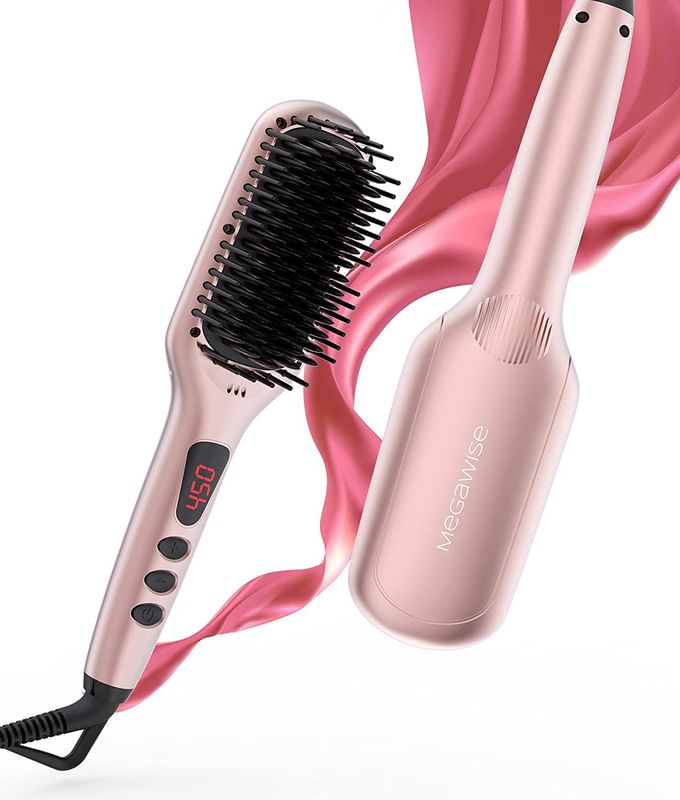 Updated 2025 MEGAWISE Hair Straightener Ceramic Brush ; Anti-Scald Dual Voltage Flat Iron Hot Brush Rotatable Cord Auto Shutoff Anti-frizz for All Hair Types (Pink)