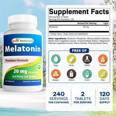 Best Naturals Melatonin 20mg 240 Tablets - Drug-Free Nighttime Sleep Aid - Non-GMO Gluten Free