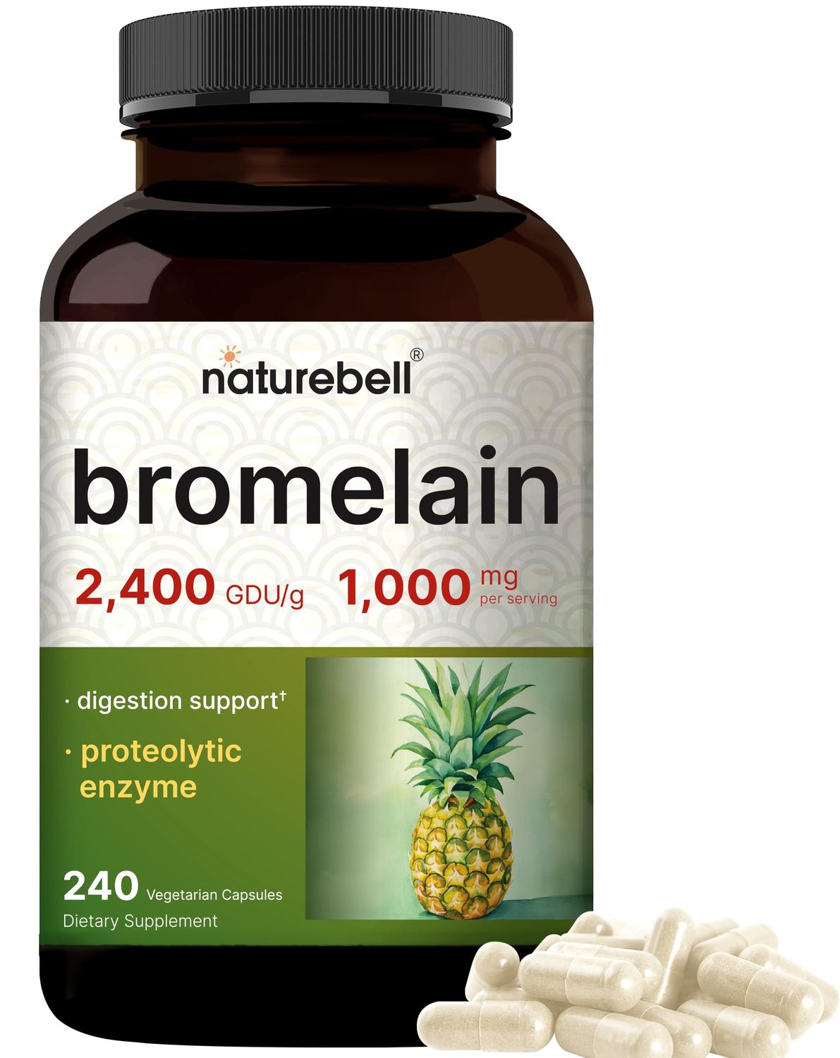 NatureBell Bromelain, 1,000mg Per Serving, 240 Veggie Capsules 2,400 GDU - Digestive Enzymes Joint Support Supplement - Proteolytic Enzymes for Digestion, Fresh Pineapple Source - Non-GMO