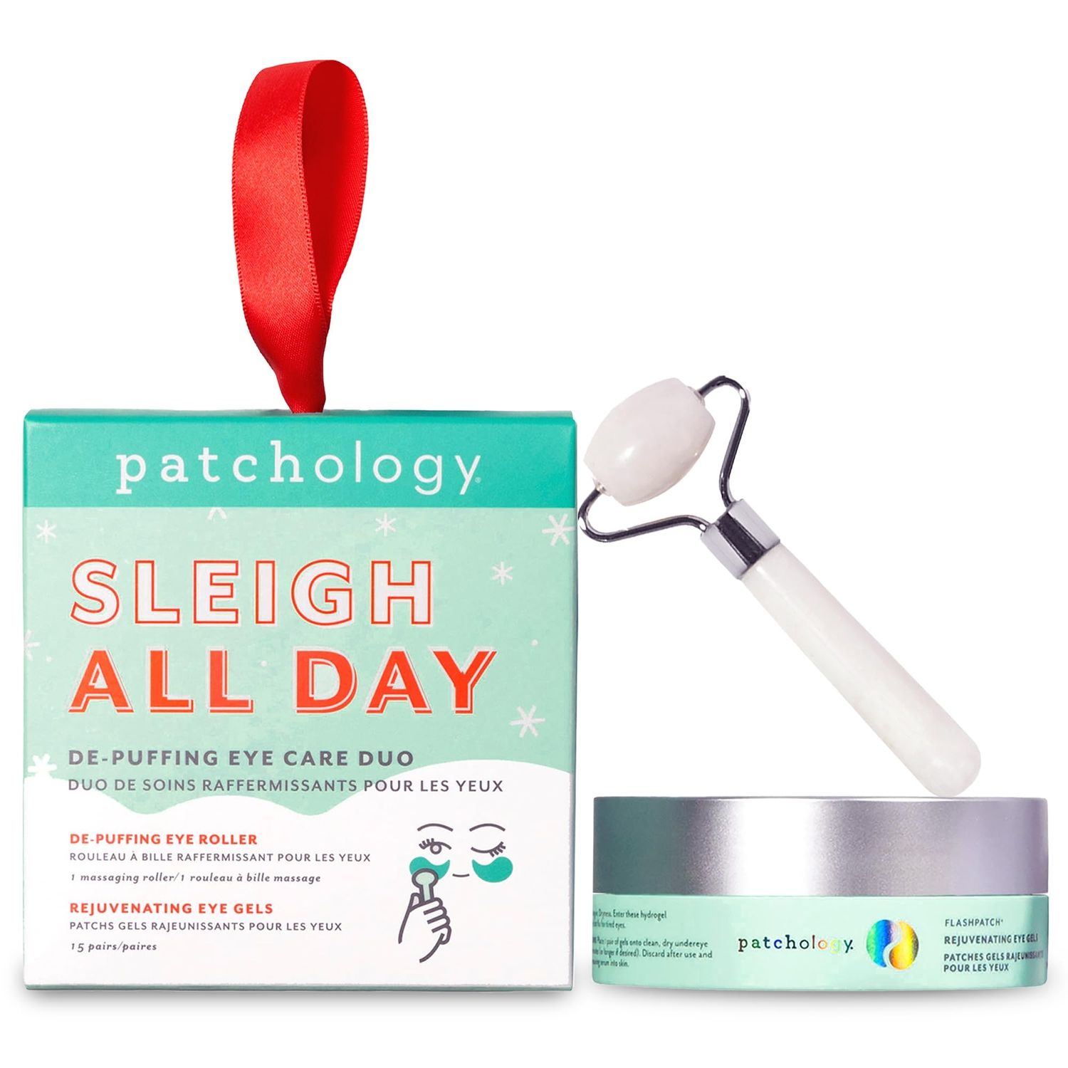 Patchology Gift Set - Depuffing Under Eye Masks Facial Roller Duo - Caffeine Hyaluronic Acid Collagen Under Eye Patches for Puffy Eyes, Dark Circles Wrinkles, Holiday Gift Skincare - 15 Pair Jar