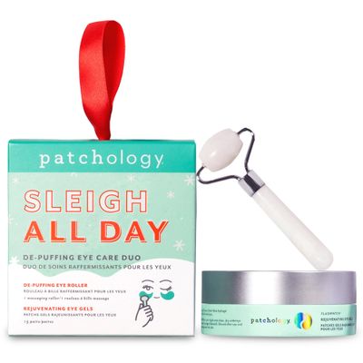 Patchology Gift Set - Depuffing Under Eye Masks Facial Roller Duo - Caffeine Hyaluronic Acid Collagen Under Eye Patches for Puffy Eyes, Dark Circles Wrinkles, Holiday Gift Skincare - 15 Pair Jar