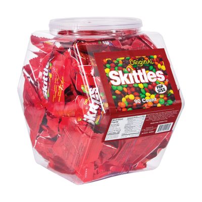 Skittles Candy Skittles Bulk Variety Pack 90 Individually Wrapped Fun Size Bags in Reusable Plastic Tub Assortment of Original Candy Flavors