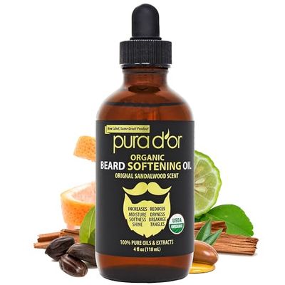 PURA D&#39;OR 4 Oz ORGANIC Beard Softening Oil - Original Sandalwood Scent - Leave-In Conditioner, Argan Jojoba Oil - Mustache Care Maintenance, Increase Softness Strength - Beard Hair, Skin Face