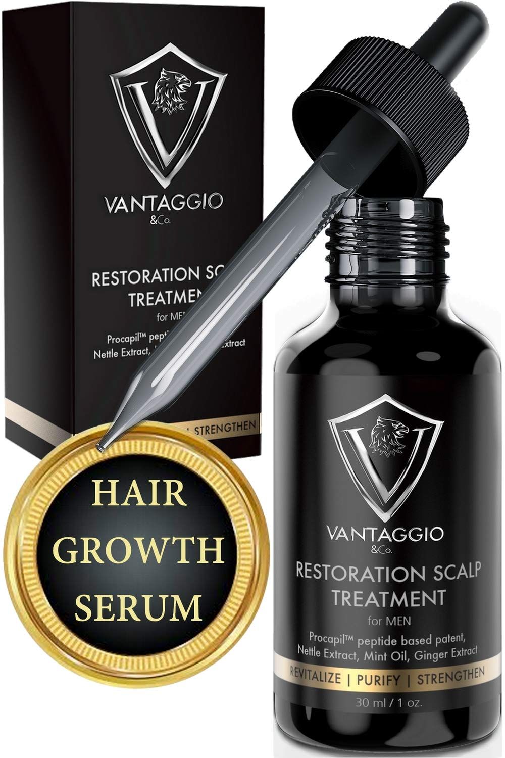 Hair Growth Serum and Scalp Treatment - Hair Loss Treatments for Men - Thickening DHT Blocker Fight Thinning and Alopecia - Contains Ginger Castor Oil Aloe Vera and Peppermint - 1oz