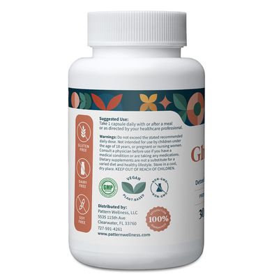 Pattern Wellness Glutathione Supplement - Active Reduced Glutathione Formula with Added Vitamin C - Cell, Antioxidant, Immune Health Support - 30 Vegan Capsules