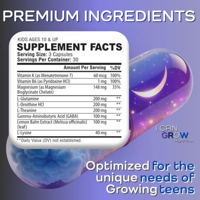 I Can Grow Night-Time Sleep Support for Kids 10 Teens Magnesium Bisglycinate GABA L-Theanine Non-Habit Forming No Melatonin Natural Calm Recovery Formula Vitaminas para Nios