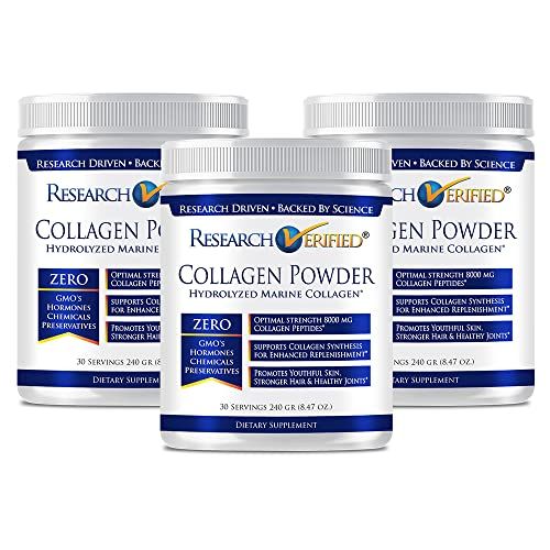 Research Verified Collagen Powder - Hydrolyzed Marine Collagen - Unflavored - Skin Hydration and Elasticity, Muscle Recovery, Non GMO - 30 Scoops Per Container - 3 Month Supply
