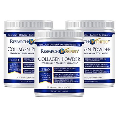 Research Verified Collagen Powder - Hydrolyzed Marine Collagen - Unflavored - Skin Hydration and Elasticity, Muscle Recovery, Non GMO - 30 Scoops Per Container - 3 Month Supply