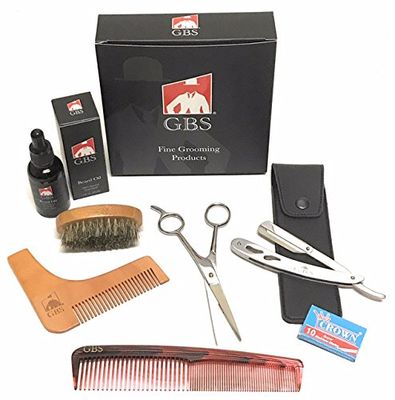 G.B.S Beard Growth Professional Kit- 5.5 Scissors, Beard Oil, Boar Bristle Beard Brush, shavette, 7&quot; Dressing Comb, Leather Case Blades