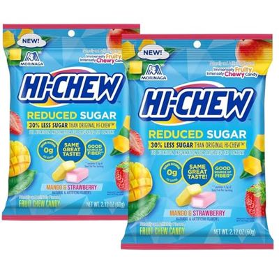 (Pack of 2) Hi Chew Reduced Sugar Candy, Strawberry Mango, Japanese Unique Fun Soft Chewy Taffy Candy, Immensely Juicy Fruit Flavors, Individually Wrapped, 2.12oz each, less suger