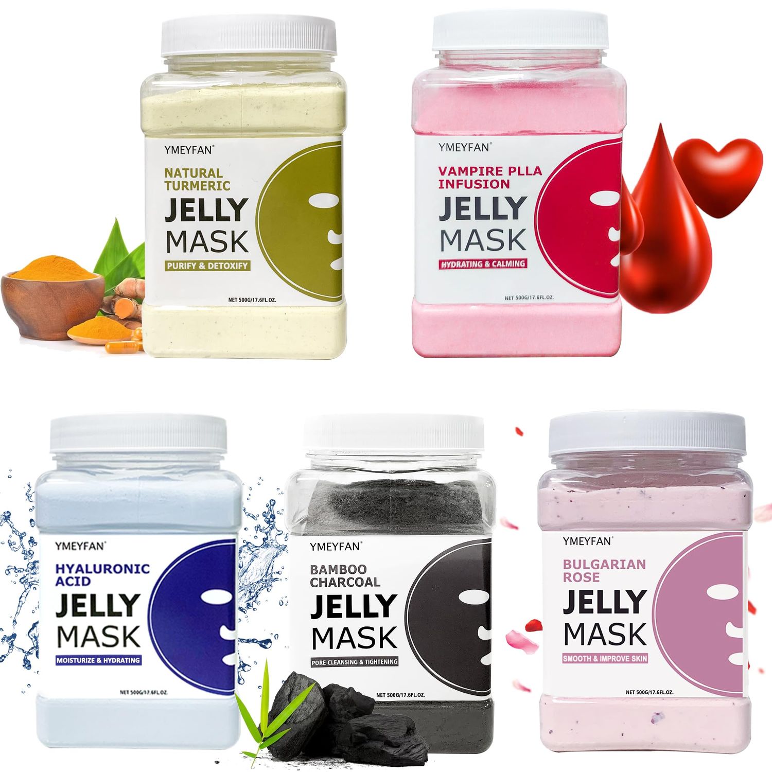 YMEYFAN 5 Jar Jelly Mask Powder for Facial Mask Professional Bundle (Turmeric, Vampire, Hyaluronic Acid, Charcoal Powder, Rose Petal)