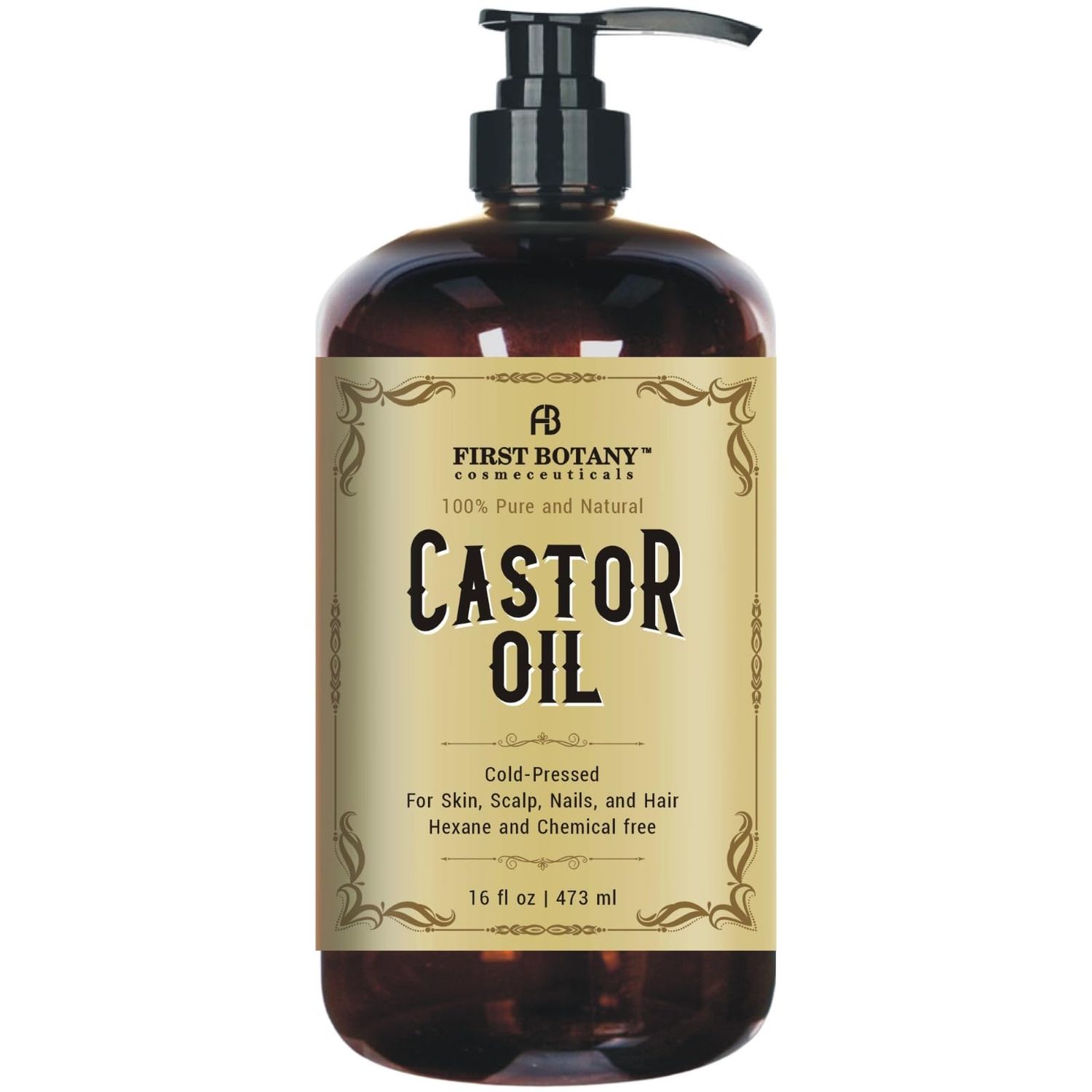 First Botany Castor oil 16 fl oz - The BEST Emollient for Skin, Hair Nail Care - Can be used as Hair Growth Serum, Face Body Moisturizer, Eyebrow serum And Eyelash serum