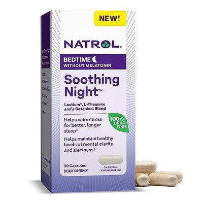Natrol Soothing Night With Lactium, L-Theanine a Botanical Blend, Dietary Supplement for Bedtime Without Melatonin to Calm Stress and Support Sleep, Clarity Alertness, 30 Capsules, 30 Day Supply
