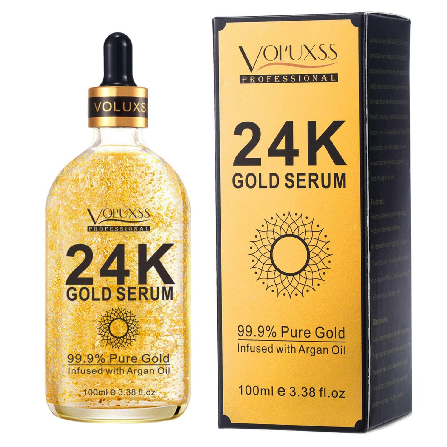 Voluxss 24K Gold Serum for Face,Skin Brightening Anti Aging Face Serum Moisturizer with Vitamin C,Hyaluronic Acid Argan Oil for Dark Spots Fine Lines,Korean Skin Care Glow Collagen Booster Serum