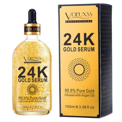 Voluxss 24K Gold Serum for Face,Skin Brightening Anti Aging Face Serum Moisturizer with Vitamin C,Hyaluronic Acid Argan Oil for Dark Spots Fine Lines,Korean Skin Care Glow Collagen Booster Serum
