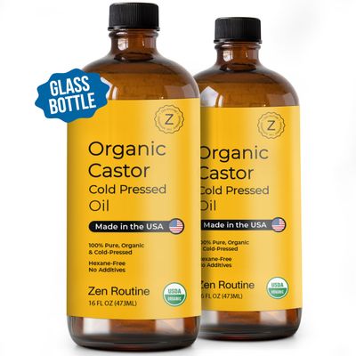 Zen Routine Glass Bottle Castor Oil, Hexane-Free, Organic Cold Pressed, Oil for Hair Growth, Eyelashes and Eyebrows, Hair and Body Oil, Glass Bottle, Carrier Oil, 16 Oz (Pack of 2)