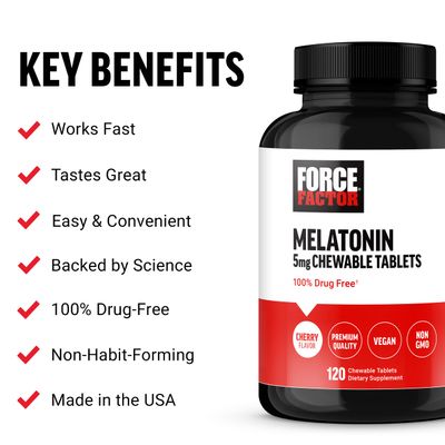 FORCE FACTOR Chewable Melatonin 5mg, Drug-Free Supplement, Vegan, Non-GMO, Cherry Flavor, 120 Tablets
